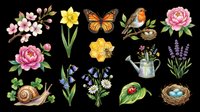 Botanical garden collection with spring flowers, butterfly, bird, snail, watering can, and nest isolated on transparent background. Ready for t-shirt designs, clipart, stickers, sublimation, and print-on-demand projects.