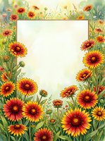 Watercolor floral frame with vibrant red and yellow gaillardia wildflowers surrounding a blank center space for text or design.