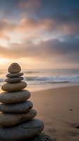 Zen stone stack on beach at sunset with dramatic sky creating peaceful meditation atmosphere for wellness and mindfulness practices.