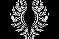 Elegant white floral wings pattern with symmetrical ornamental design on black background, isolated decorative element for luxury branding and graphic projects.