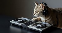 Tabby cat wearing headphones operating turntables and DJ equipment on dark surface, ready for music production and entertainment design projects.