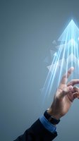 Hand of a man in business attire touching a glowing holographic skyscraper with geometric lines against blue background for technology and innovation concepts.