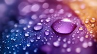 Water drops on colorful gradient surface with purple and blue tones, macro photography showing surface tension and bokeh effect in background.