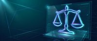 Digital justice scales hologram on futuristic screen with glowing blue neon light effects and geometric network background for legal technology concepts.