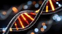 Glowing DNA helix structure with orange light illuminating genetic code strands against dark background with bokeh effect, scientific molecular concept.