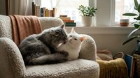 Tabby and white cat relaxing on beige armchair by sunny window with houseplants and home decor, cozy living room interior design.