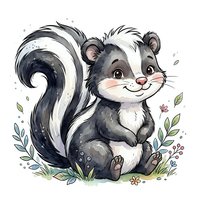 Cute skunk character with fluffy tail sitting among wildflowers and foliage, isolated on white background, suitable for children's books, nursery decor, apparel design and greeting cards.