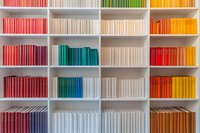 Colorful books arranged by spectrum on white shelves create organized rainbow pattern, modern minimalist library storage design for home or office interior decor.
