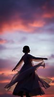 Woman dancing in flowing dress silhouetted against dramatic purple pink sunset sky with vibrant clouds for freedom and joy concepts.