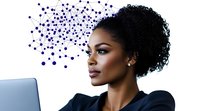 Professional African American businesswoman with curly hair working on laptop with purple digital particles dispersing from head representing creativity and innovation.