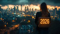 Young woman with glowing 2026 number on back gazes at futuristic night cityscape with illuminated skyscrapers and dramatic stormy sky. Conceptual future vision scene.