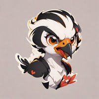 Cute cartoon baby penguin character with black and white feathers, orange beak, and red heart details on gray background. Isolated design for stickers and merchandise.