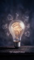 Glowing lightbulb with brain filament surrounded by floating business icons including dollar signs and shopping bags on dark background for creative concepts.