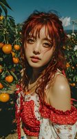 Young woman with vibrant red hair in citrus orchard wearing off-shoulder red polka dot top. Warm summer atmosphere with orange fruits hanging from branches.