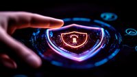 Futuristic cybersecurity interface with glowing shield icon and finger touching holographic display. Neon blue and purple technology concept showing digital protection system.