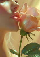 Sensual close-up of lips near delicate pink rose in soft golden light, creating romantic atmosphere for beauty, wellness and spa marketing materials.