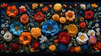 Vibrant floral composition with orange, blue, and red blooms against dark background, featuring dimensional flowers with intricate details and layered petals.