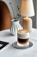 Layered latte with heart pattern foam art served in glass on metal coaster, white ceramic vase with dried flowers and table lamp creating cozy atmosphere.