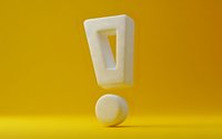 White exclamation mark symbol floating above dot against vibrant yellow background, minimalist design with soft shadows creating depth and dimension for modern graphic projects.
