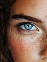 Close-up of bright blue eye with natural freckles across nose and cheek area, showing detailed iris pattern and long eyelashes against soft skin texture.
