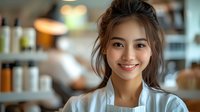 Young Asian female chef in white uniform smiling at camera in restaurant kitchen with blurred background of cooking area.