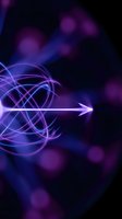 Abstract neon arrow emerging from glowing purple and blue swirls on dark background with bokeh lights for digital design and technology concepts.