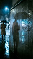 Woman with umbrella standing in rainy urban street at night, silhouette reflected on wet building wall, moody atmospheric scene for noir and mystery projects.