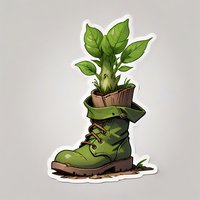 Green plant growing from old military boot, isolated sticker design on white background. Creative eco-friendly concept showing nature reclaiming objects.