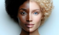 Split portrait showing contrasting skin tones and features, with curly afro hair on one side and blonde curls on other side against light background. Artistic concept of diversity.