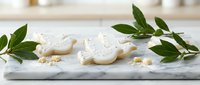 White dove-shaped cookies with golden details on marble board surrounded by fresh green leaves for peaceful celebration baking and holiday dessert decoration.