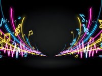 Vibrant neon music notes and treble clefs creating dynamic light trails on black background for entertainment and audio production designs.