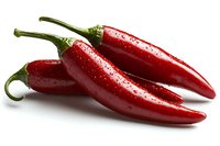 Fresh red chili peppers with water drops on white background, macro shot showing texture and glossy surface for food and cooking concepts.