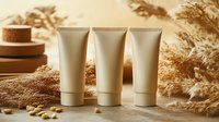 Blank cosmetic tubes mockup with dried flowers and natural elements on beige background. Organic skincare branding and packaging presentation.