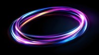 Glowing neon light rings with blue and purple colors swirling in circular motion against dark background, creating dynamic energy effect for modern design projects.