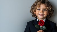 Young child with curly hair wearing formal black suit and red rose boutonniere smiling against gray background, portrait orientation for special occasion photography.