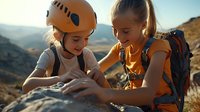 Young female climbers examining climbing route on mountain peak during sunset, wearing safety helmets and backpacks while planning outdoor adventure.