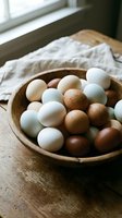 Fresh farm eggs in rustic wooden bowl on kitchen table with natural lighting for organic cooking and healthy breakfast preparation.