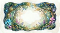 Watercolor enchanted forest frame with glowing mushrooms, fairy lights, and lush greenery forming an arch around a blank center space.