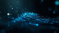Abstract digital network visualization with glowing blue particles and connecting lines on dark background, representing technology and data connectivity.