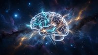 Glowing brain outline floating in cosmic space with nebula clouds and stars, representing artificial intelligence, neuroscience, and mental power concepts.