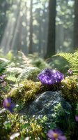 Raw amethyst crystal cluster nestled among moss and ferns in misty forest setting with ethereal sunbeams and purple wildflowers creating magical woodland atmosphere.