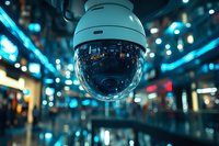 Modern security dome camera in shopping mall with blue neon lighting and reflective ceiling, surveillance technology monitoring public space at night.