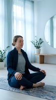 Young Caucasian woman practicing meditation in lotus pose on yoga mat in bright modern living room with plants and natural light for wellness and mindfulness.