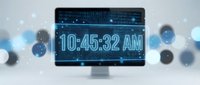 Modern computer monitor displaying digital clock interface with glowing blue circuit patterns and bokeh light effects for technology presentations.