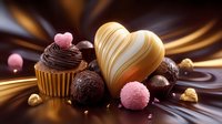 Sweet chocolate composition with heart shaped white chocolate, dark truffles, pink candy balls and cupcake on brown swirled background. Perfect for confectionery designs.