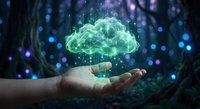 Hand holding glowing green cloud computing hologram with digital network connections and data streams in futuristic technology environment.