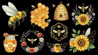 Honey bee clipart set with honeycomb, hive, sunflower, lavender wreath, honey jar, and crown bee, isolated on transparent background for stickers, t-shirt design, print on demand.