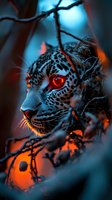 Mystical leopard with glowing red eye among dark branches against blue and orange background, creating dramatic contrast and mysterious atmosphere.