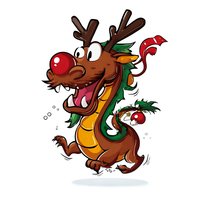 Cartoon dragon with reindeer antlers and red nose running excitedly, dressed in festive green and red accessories for holiday season celebrations.