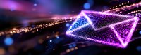 Glowing digital envelope icon with sparkles and particles in purple and blue neon lights against dark background, representing electronic mail communication.